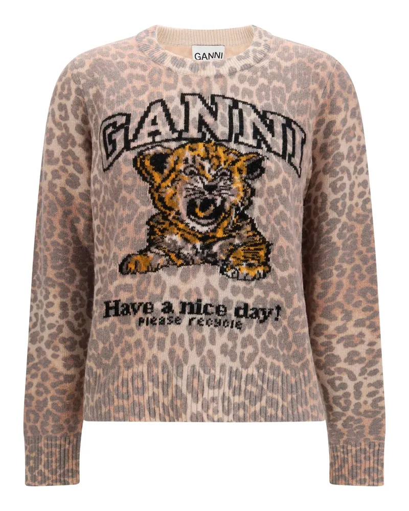 Ganni Women's Sweater Tiger-Print Almond Milk Merino Wool Beige
