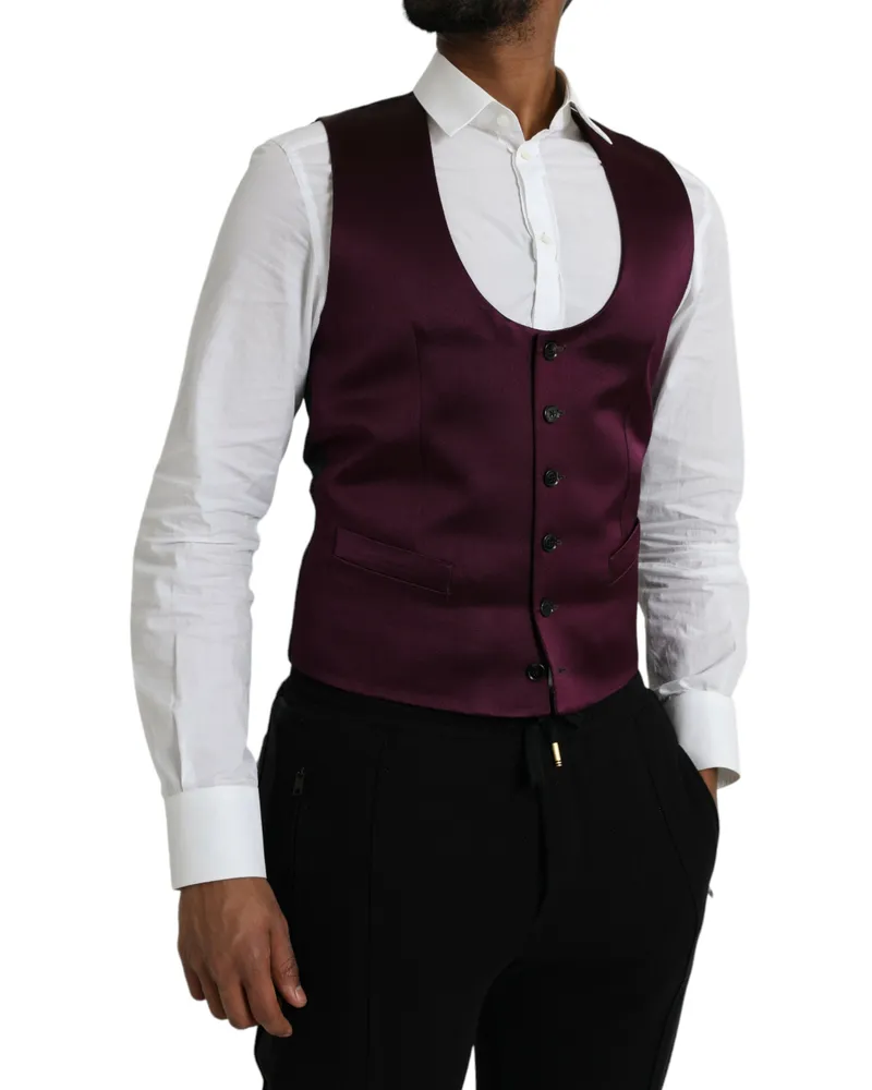 Dolce & Gabbana Men Maroon Satin Silk Waistcoat Dress Formal Vest Maroon