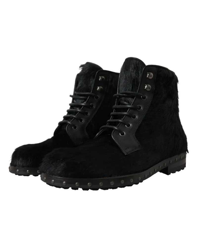 Dolce & Gabbana Men's Black Pony Style Leather Mid Calf Boots Shoes Black