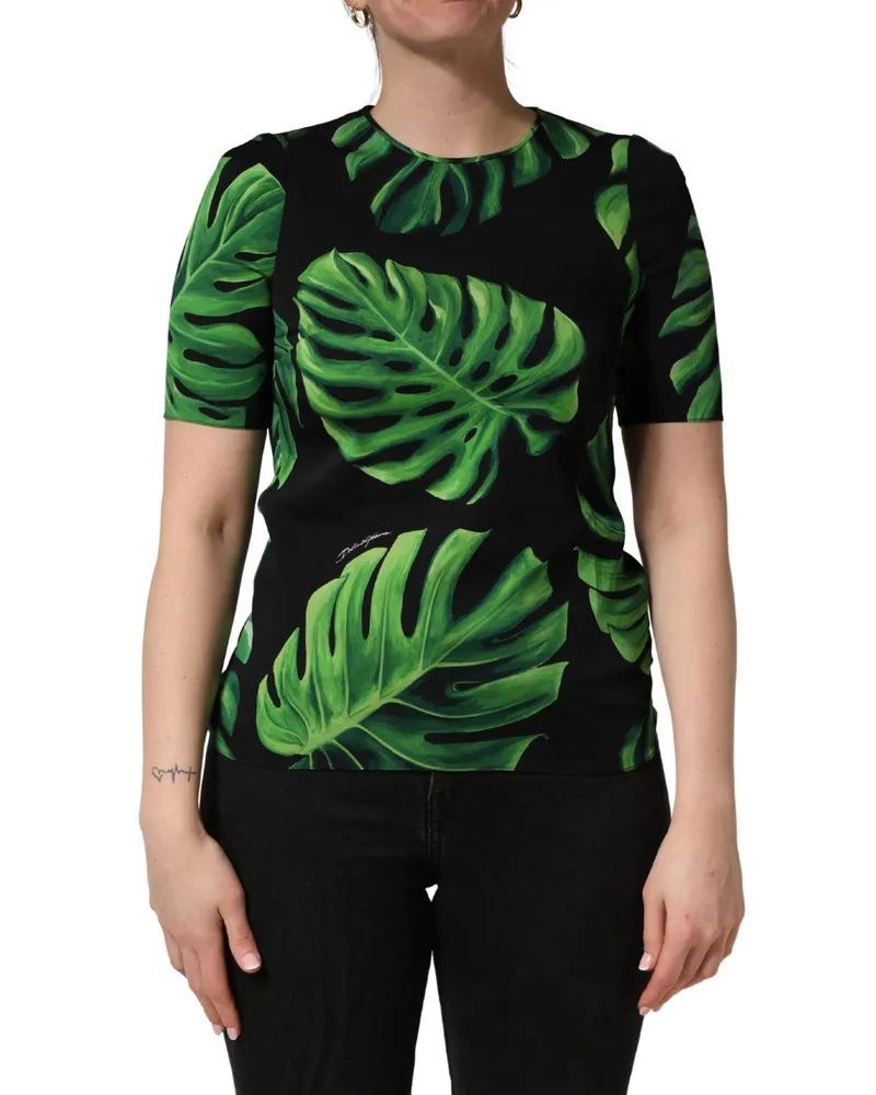 Dolce & Gabbana Philodendron-Print Silk Blouse — Black Black
