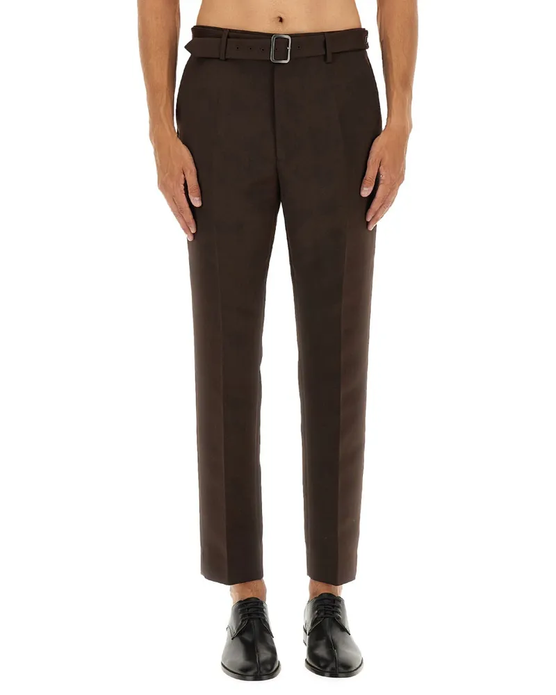 Maison Margiela Belted Virgin Wool Trousers — Brown Brown