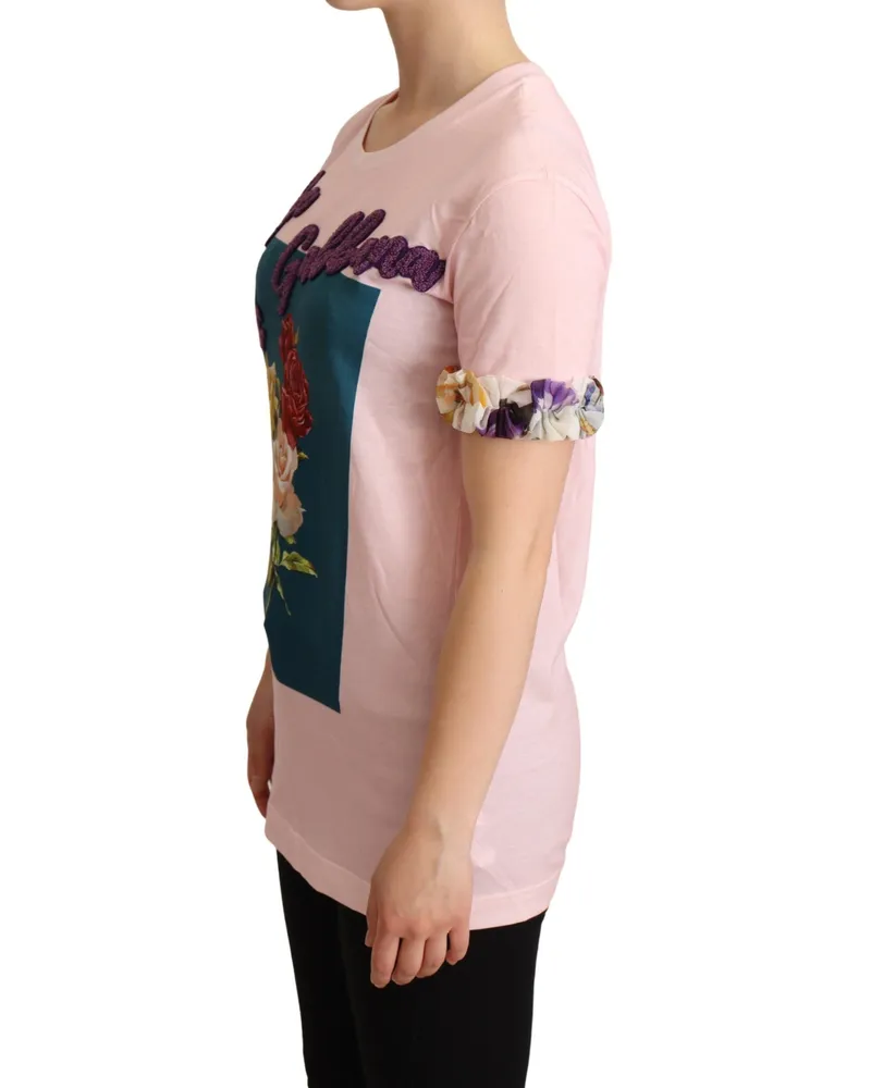 Dolce & Gabbana Women's Pink Cotton Floral Roses Crewneck T-Shirt Pink
