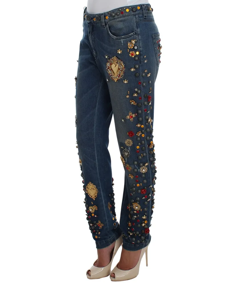 Dolce & Gabbana Women's Crystal Roses Heart Embellished Jeans Blue Viscose Clothing Blue
