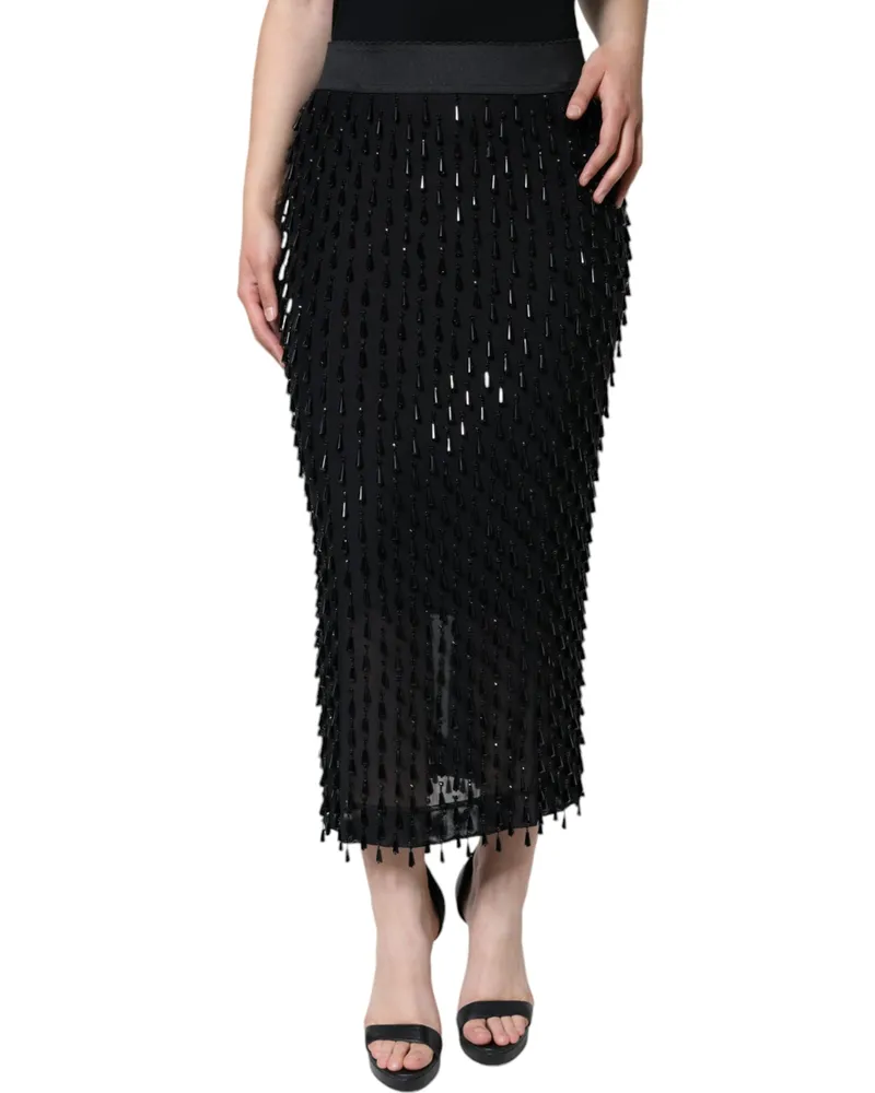 Dolce & Gabbana Women's Black Embellished Pencil Cut Midi Skirt Nylon Elastane Black
