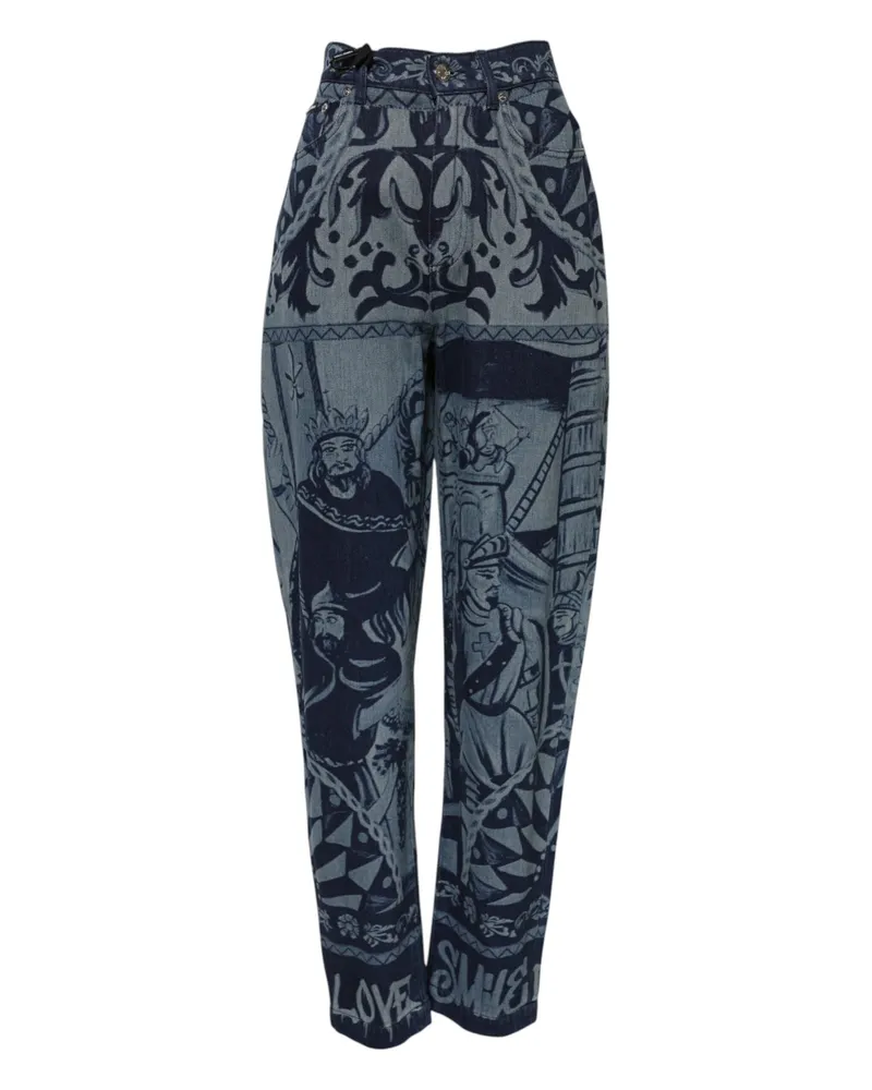 Dolce & Gabbana Women's Blue Graphic Print Tapered Denim Jeans Cotton Clothing Blue