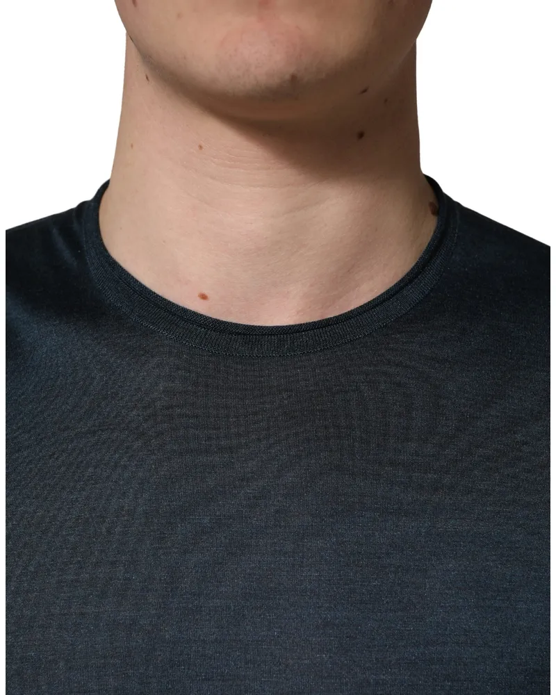 Dolce & Gabbana Men Dark Blue Silk Crew Neck Short Sleeve T-Shirt Blue