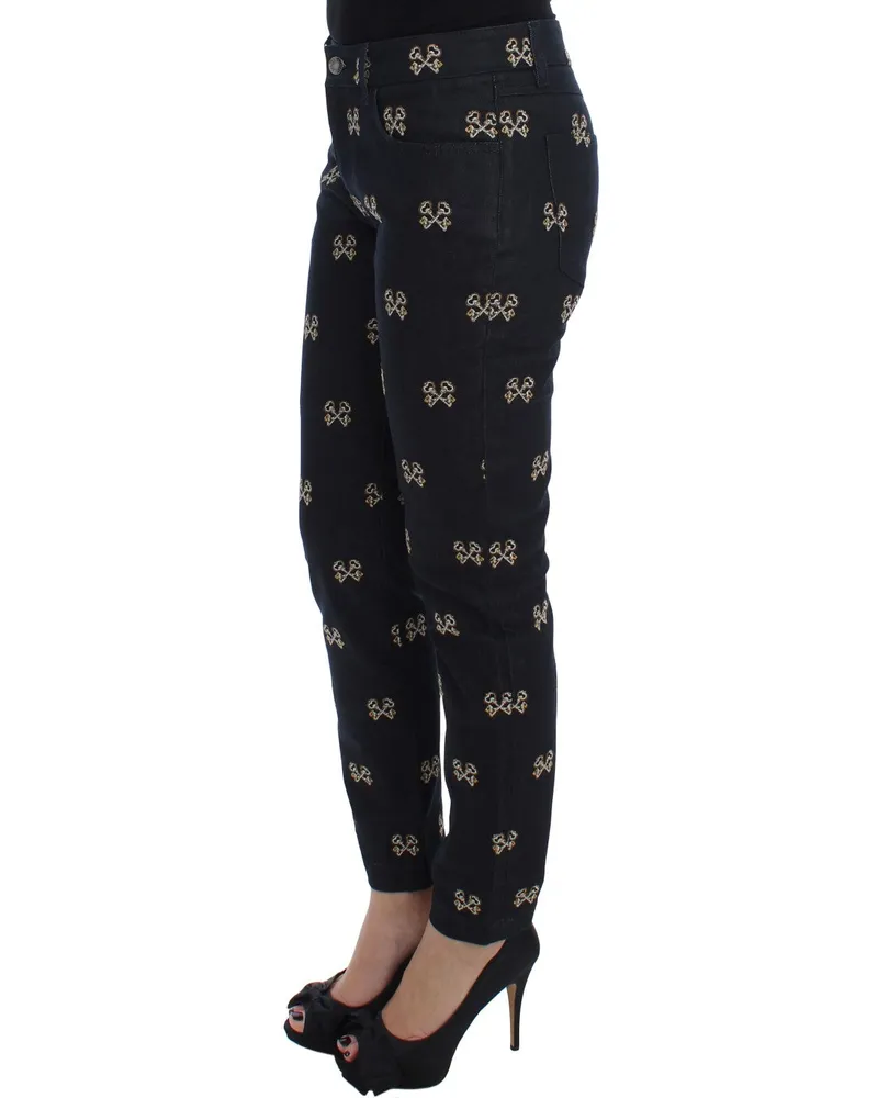 Dolce & Gabbana Women's Blue Key Embroidered Slim Fit Kate Jeans Cotton Clothing Blue