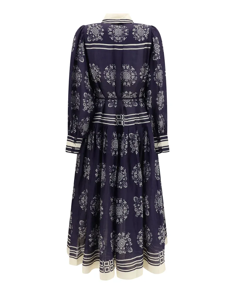 ALEMAIS Women's Midi Shirt Dress Banderra Floral Print Ink Ramie Navy