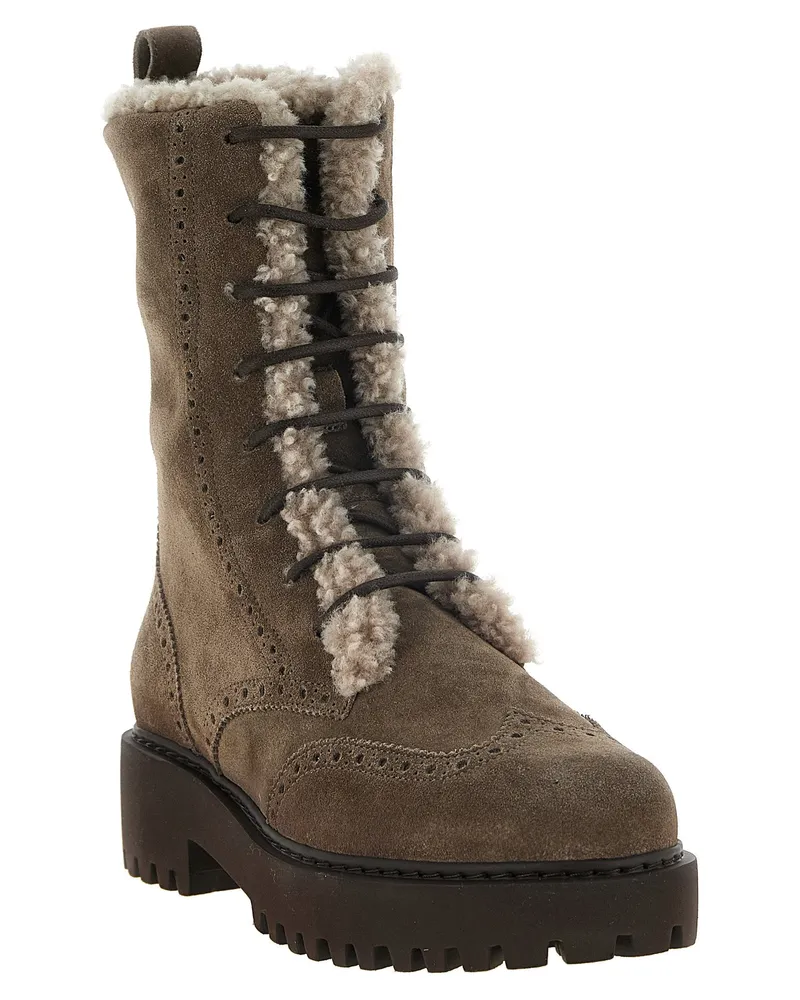 Brunello Cucinelli Suede and Shearling Brogue Boot — Taupe Taupe