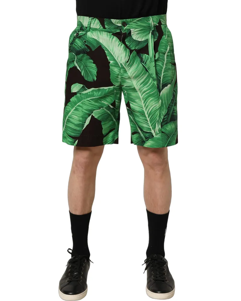 Dolce & Gabbana Black Green Banana Leaf Men Bermuda Shorts Cotton Green