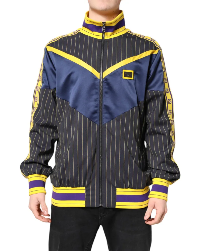 Dolce & Gabbana Men's Black Striped Logo Full Zip Bomber Jacket Virgin Wool Polyester Nylon Clothing Black