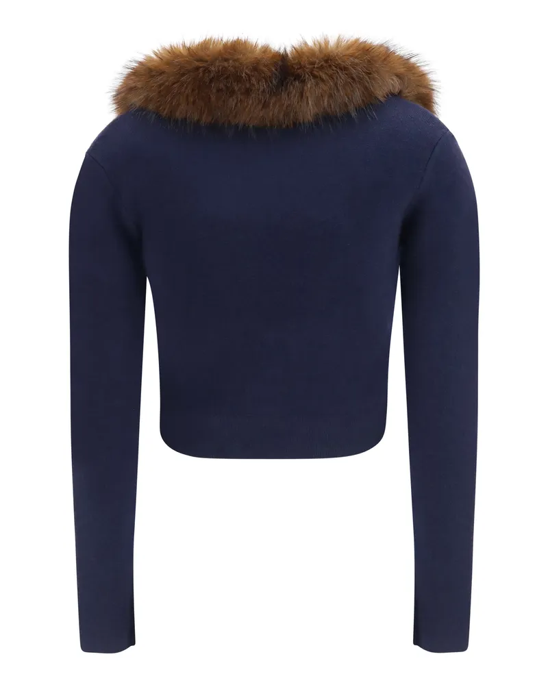 Self-Portrait Women's Knit Cardigan With Faux Fur Collar, Navy Wool (ovis Aries) Sweater Navy