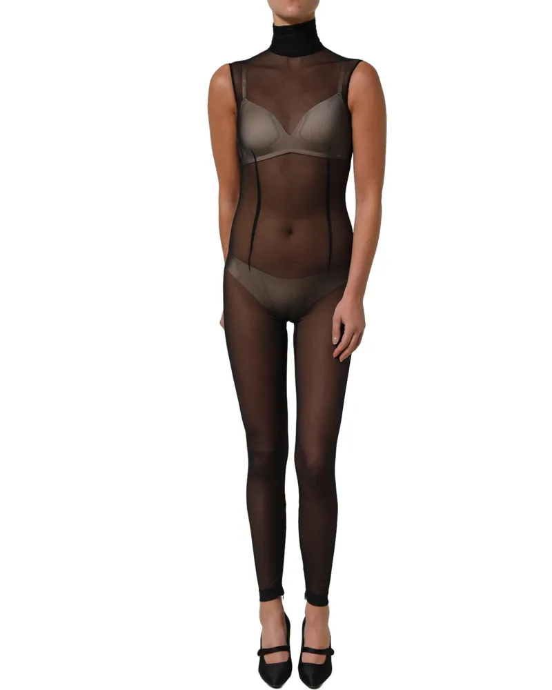 Dolce & Gabbana Women Black Sheer Mesh Jumpsuit Turtleneck Dress Nylon Elastane Black