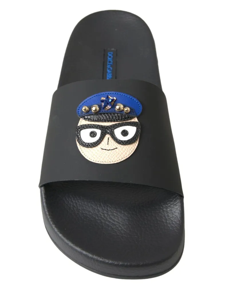 Dolce & Gabbana Women's Black Slides Sandals Beach Saint Barth Shoes Leather Top Black