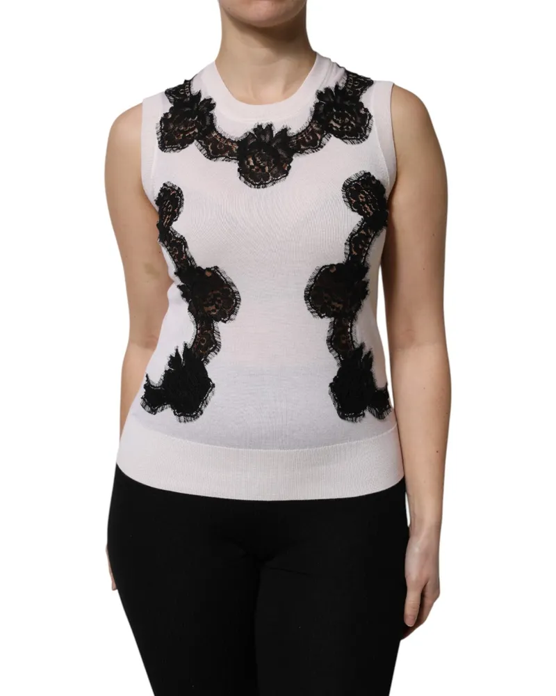 Dolce & Gabbana Women's White Cashmere Floral Lace Detailing Tank Top Silk Cotton Nylon White