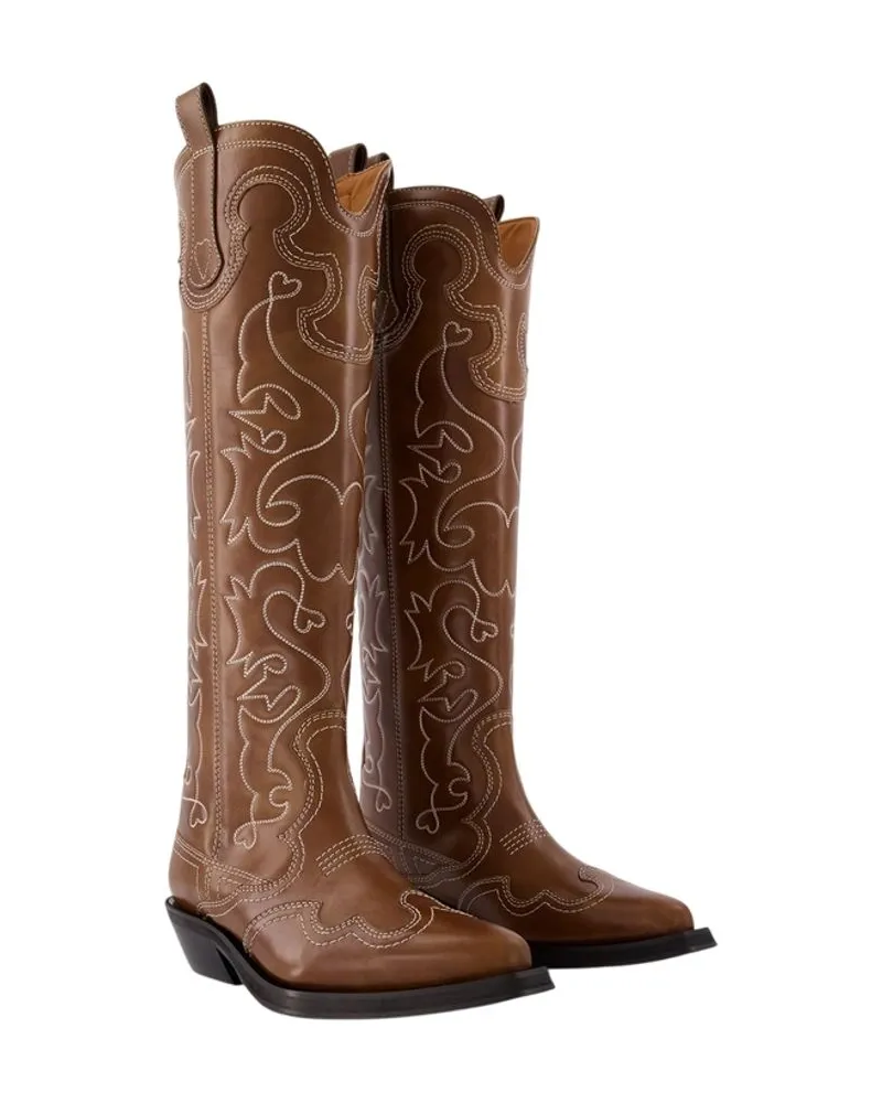 Ganni Embroidered Leather Western Boots — Brown Brown