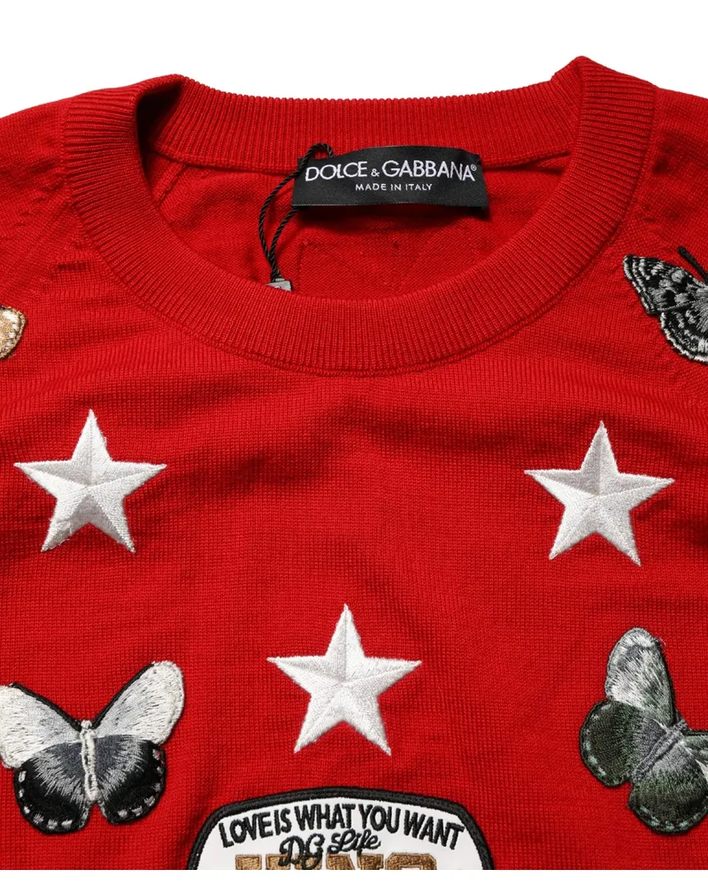 Dolce & Gabbana Virgin Wool Butterfly & Star Embroidered Sweater — Red Red