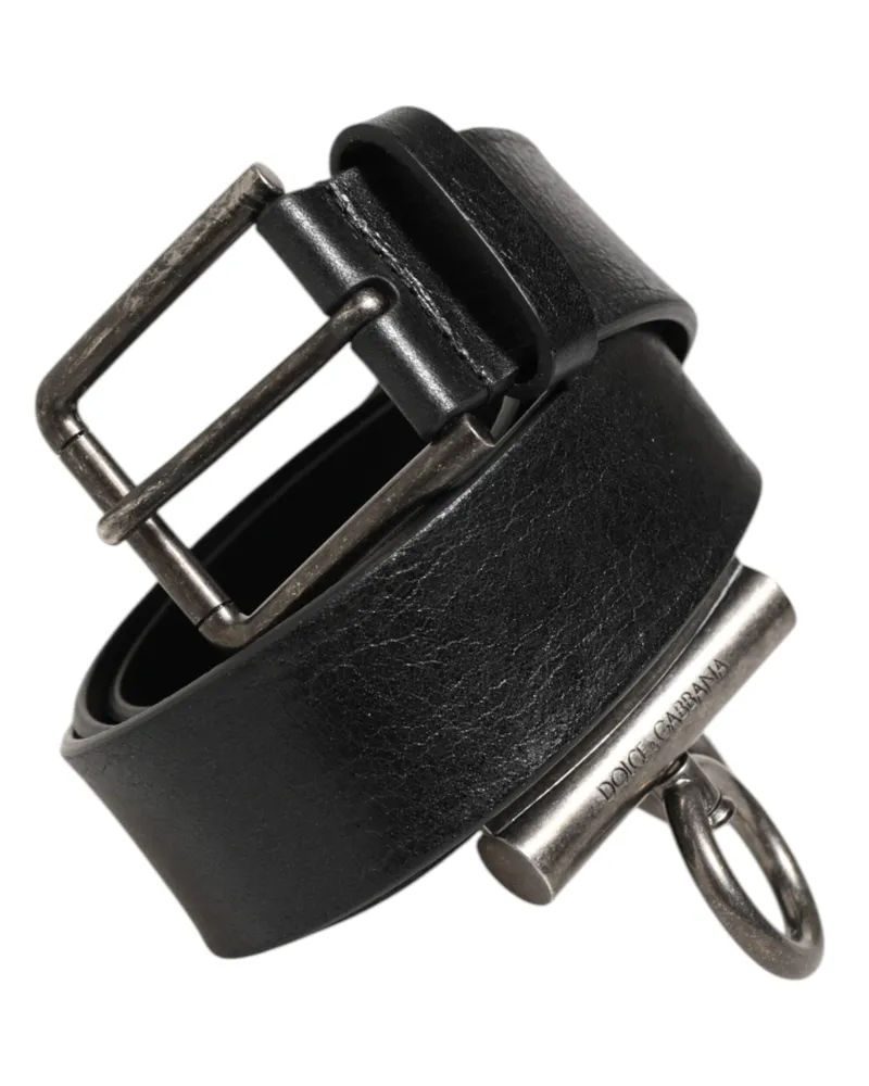 Dolce & Gabbana Men's Black Leather Side Rings Brass Buckle Belt Horse Black
