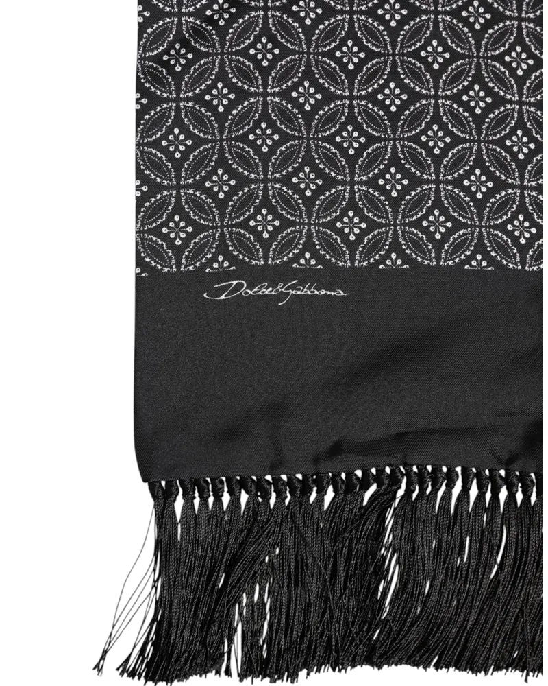 Dolce & Gabbana Black Patterned Fringes Men Foulard Scarf Silk Black