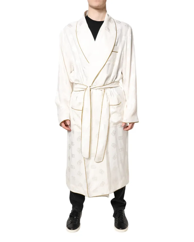Dolce & Gabbana Ivory Silk Logo Men Wrap Robe Coat Jacket Off White Clothing White