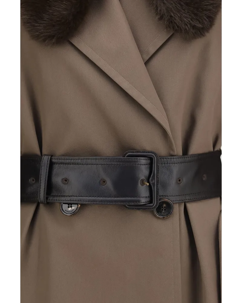 Burberry Cotton with Leather Collar Trench Coat — Brown Brown