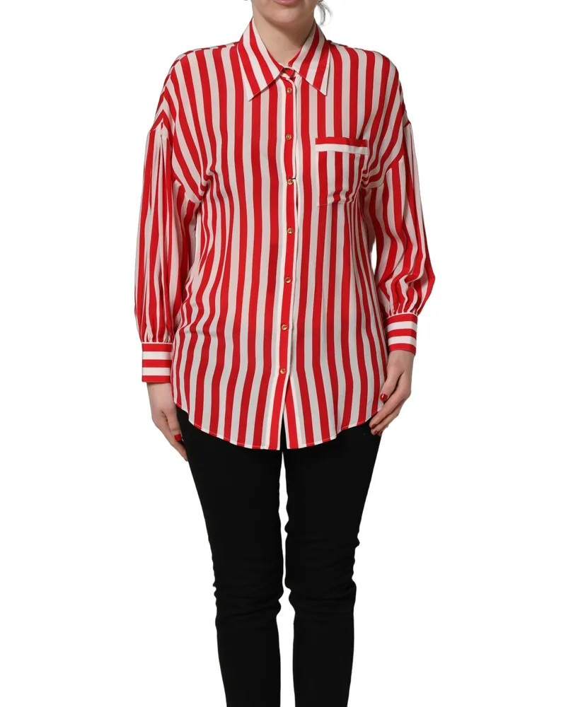 Dolce & Gabbana Women Red White Striped Long Sleeve Silk Blouse Top And Red