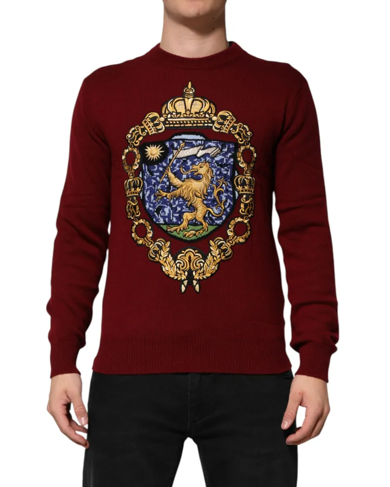 Dolce & Gabbana Men Embroidered Lion Crest Cashmere Sweater Burgundy Burgundy