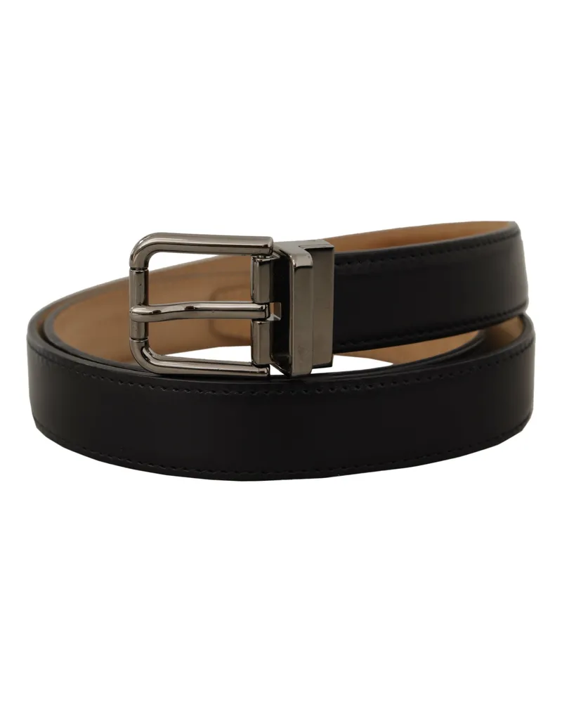 Dolce & Gabbana Men's Black Calf Leather Logo Engraved Metal Buckle Belt Black