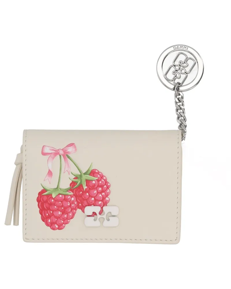 Ganni Raspberry Print Recycled Leather Card Case — Beige Beige