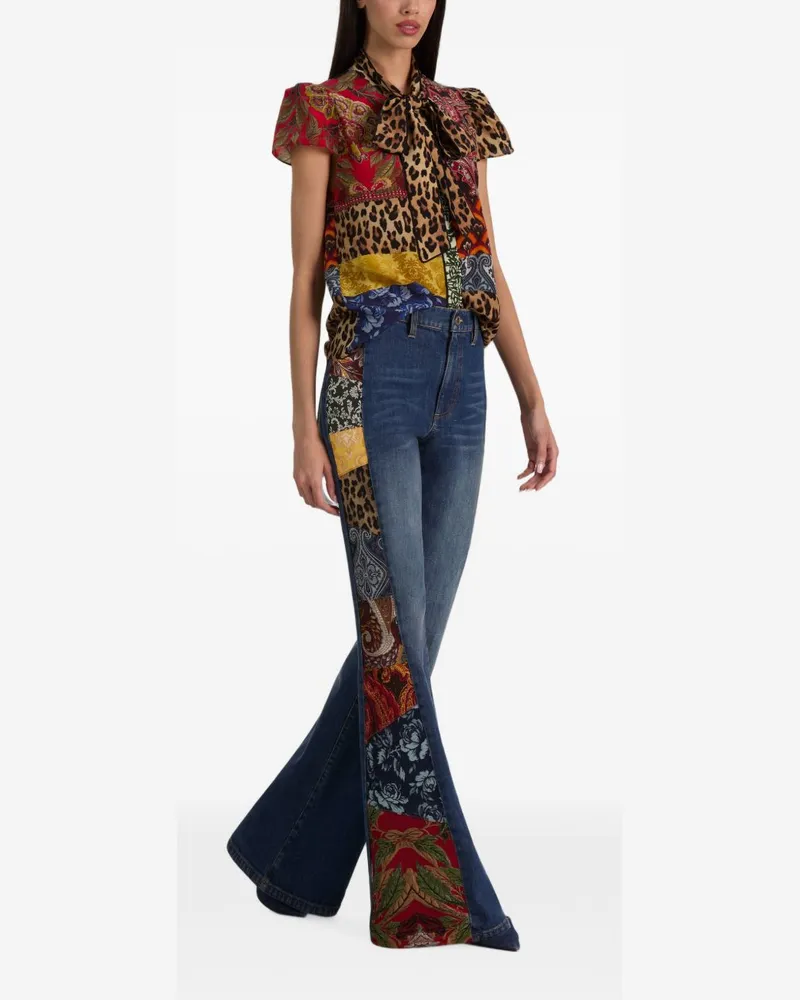 Alice + Olivia Patchwork Silk Pussy-Bow Blouse — Multicolor Multicolor