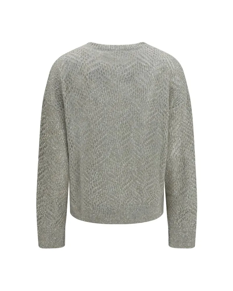 Brunello Cucinelli Openwork Sequined Linen Sweater — Gray Gray