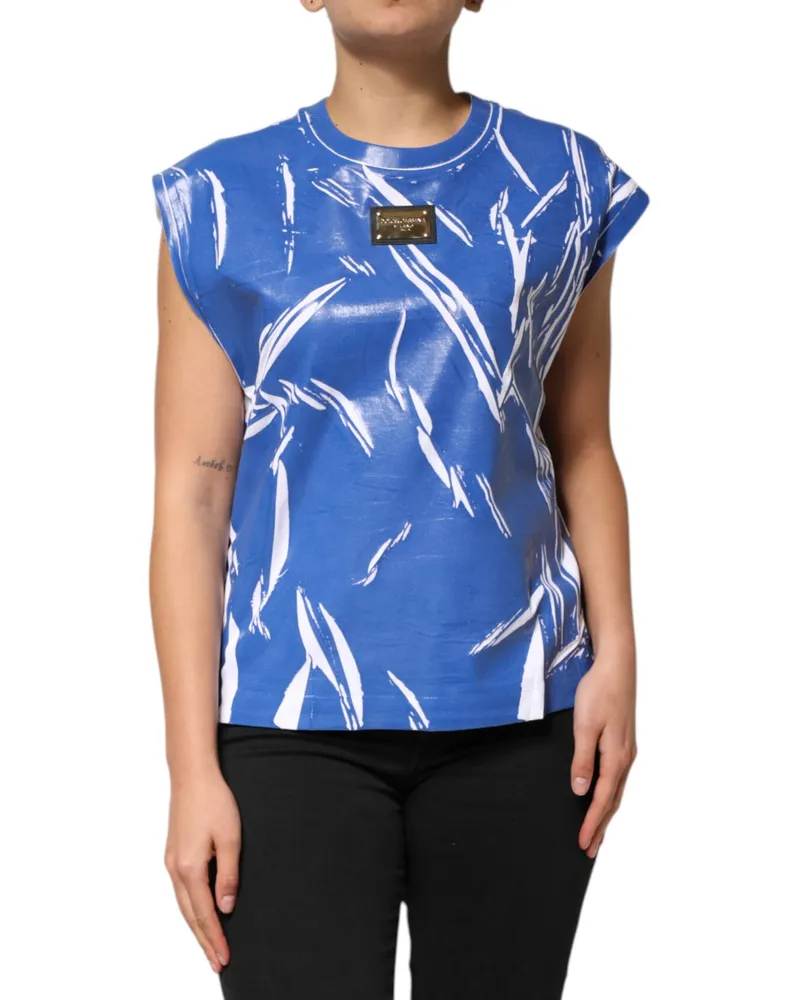 Dolce & Gabbana Blue White Cotton Logo Plaque Women Tank Top And Blue