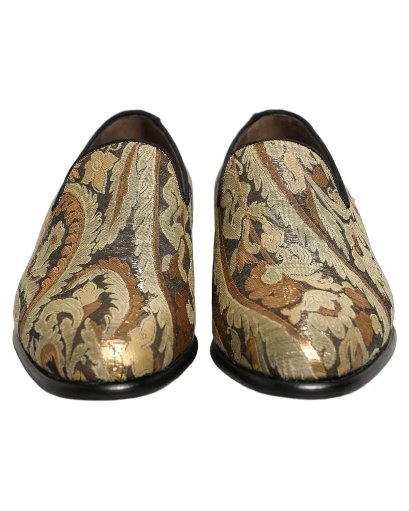 Dolce & Gabbana Gold Brocade Slip On Men Dress Loafers Shoes Leather Gold