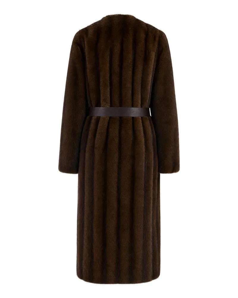 Max Mara Women's Faux Fur Coat With Waist Belt Hazelnut Polyester Jacket Brown