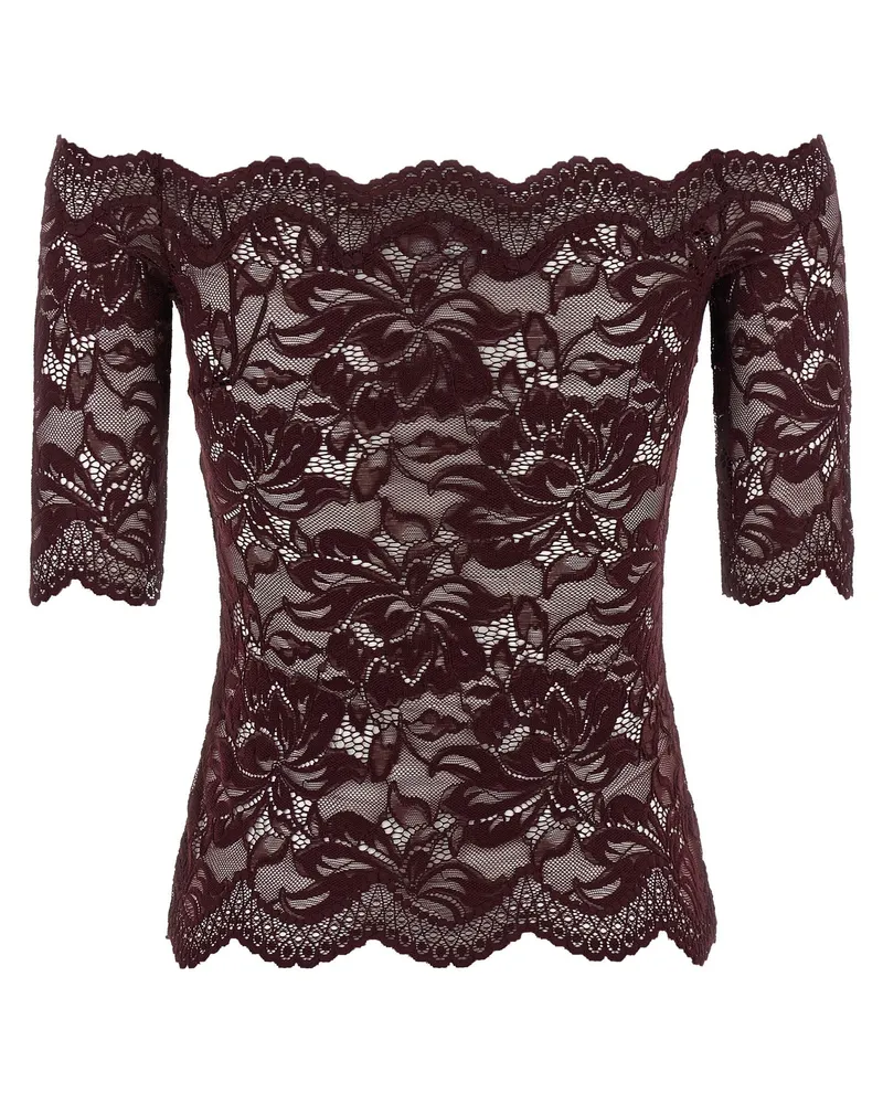 Paco Rabanne Floral Lace Off-the-Shoulder Blouse — Burgundy Burgundy