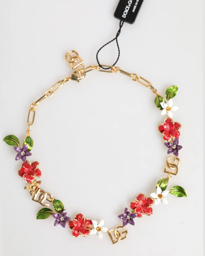 Dolce & Gabbana Women's Gold Brass Logo Detail Floral Fashion Jewelry Necklace Real Glass Gold