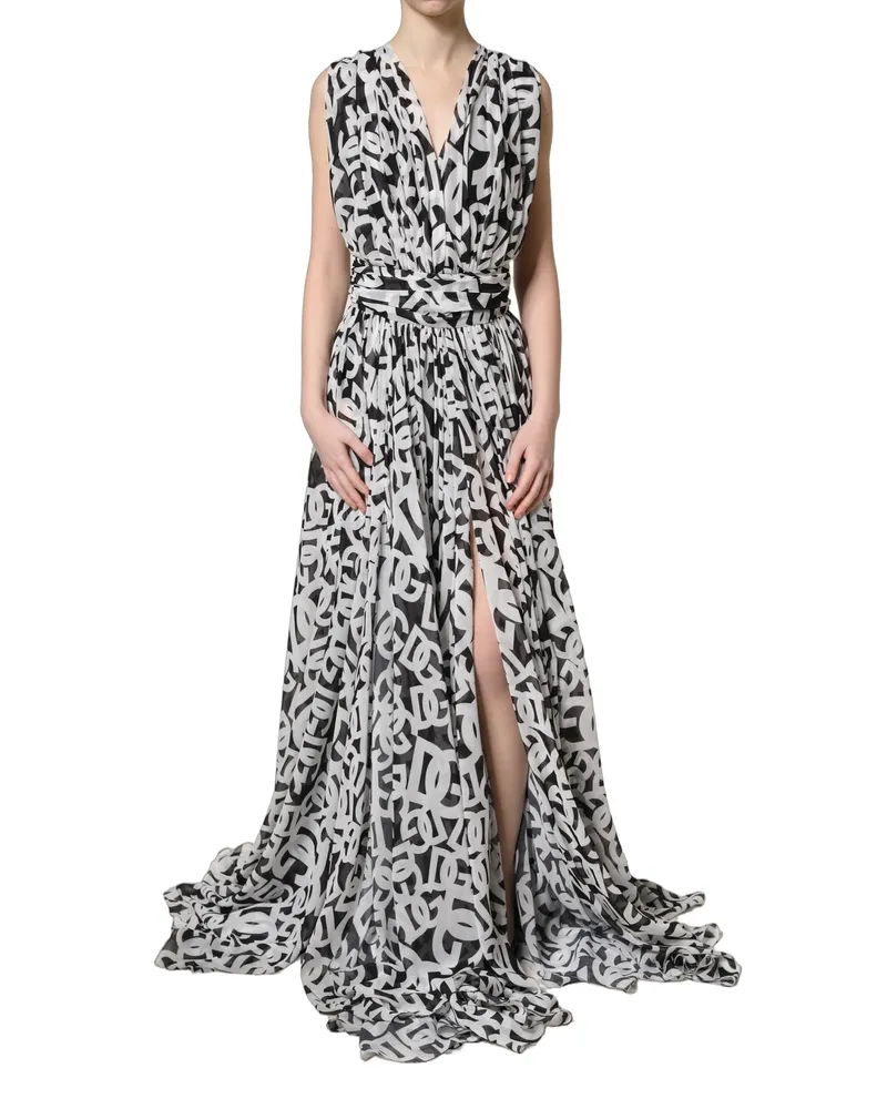 Dolce & Gabbana Women Black White Logo Sleeveless Floor Length Maxi Dress And Polyester Black