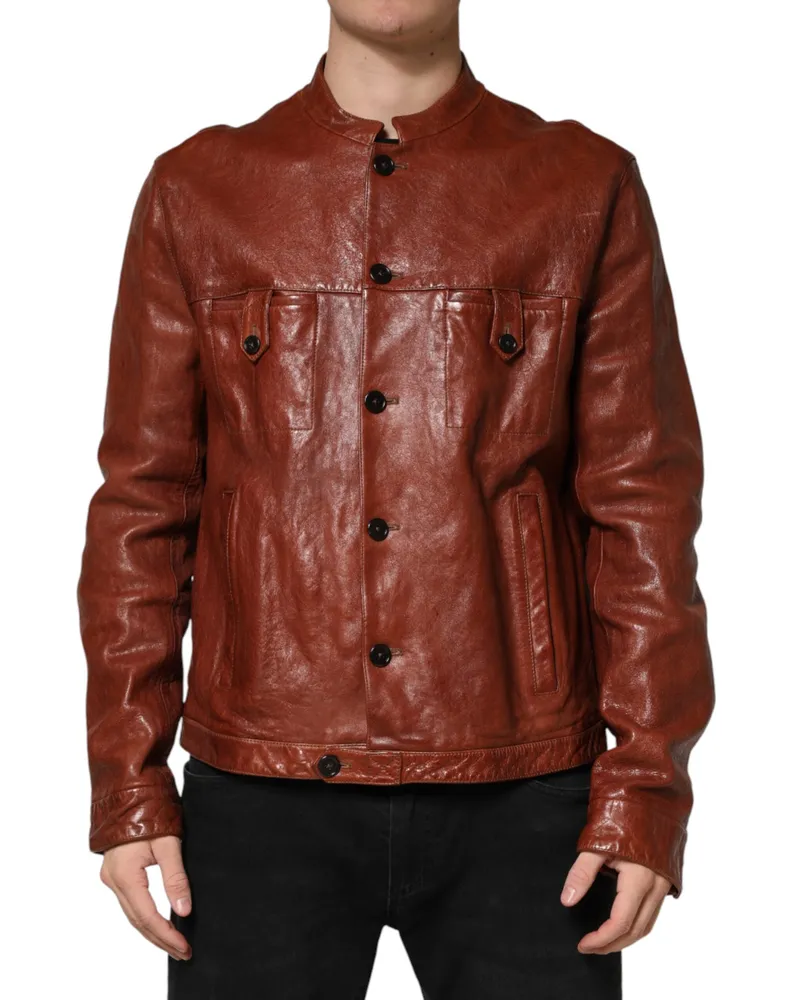 Dolce & Gabbana Brown Leather Button Down Men Biker Jacket Clothing Brown