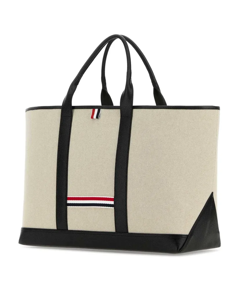 Thom Browne Women's Sand Canvas Medium Rwb-Stripe Shopping Bag Black Portafogli Beige