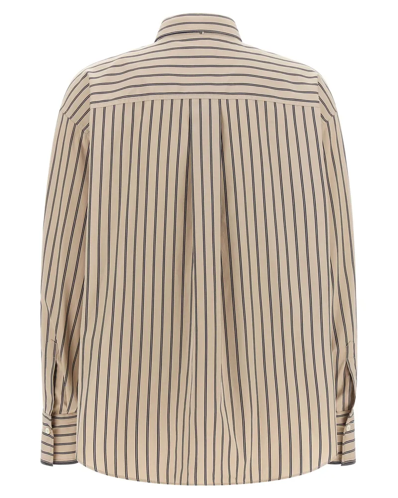 Brunello Cucinelli Striped Cotton with Integrated Tie Shirt — Beige Beige