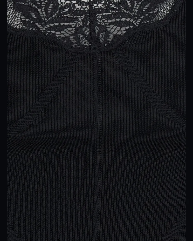 Self-Portrait Lace-Trim Ribbed Tank Top — Black Black