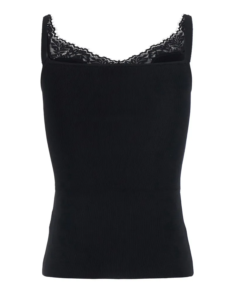Self-Portrait Lace-Trim Ribbed Tank Top — Black Black