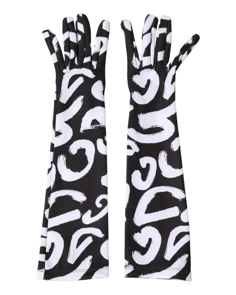 Dolce & Gabbana Women Black White Dg Logo Elbow Length Mitten Gloves And 10+pl Black