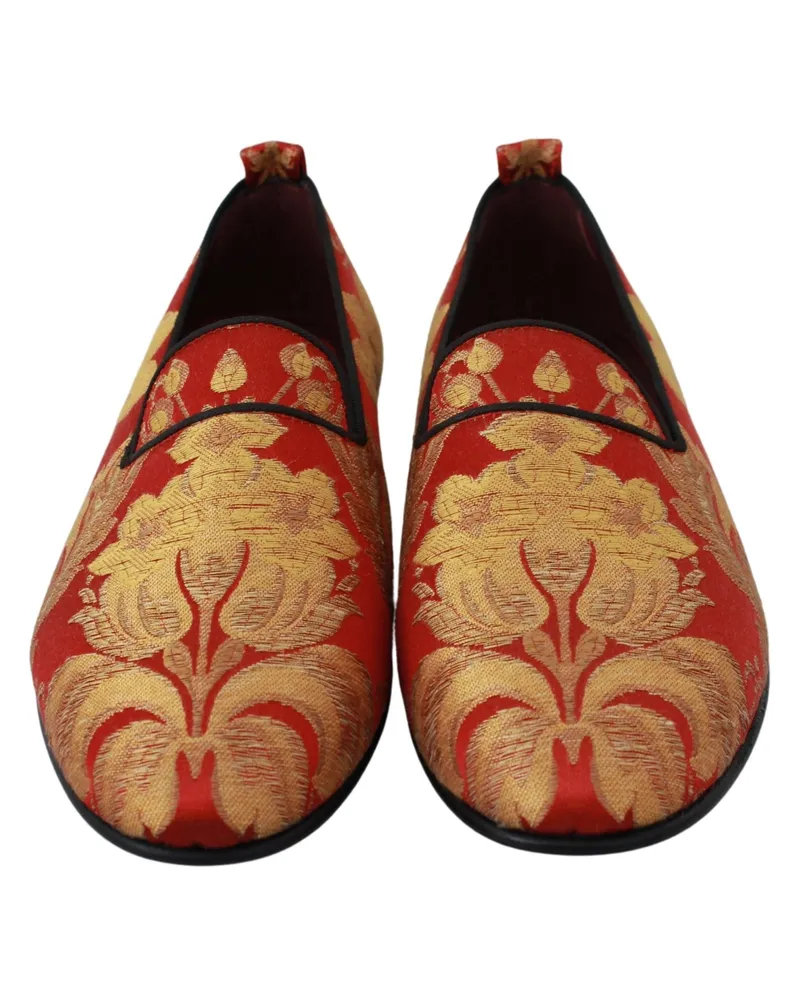 Dolce & Gabbana Men's Red Gold Brocade Slippers Loafers Shoes Rose Silk Red