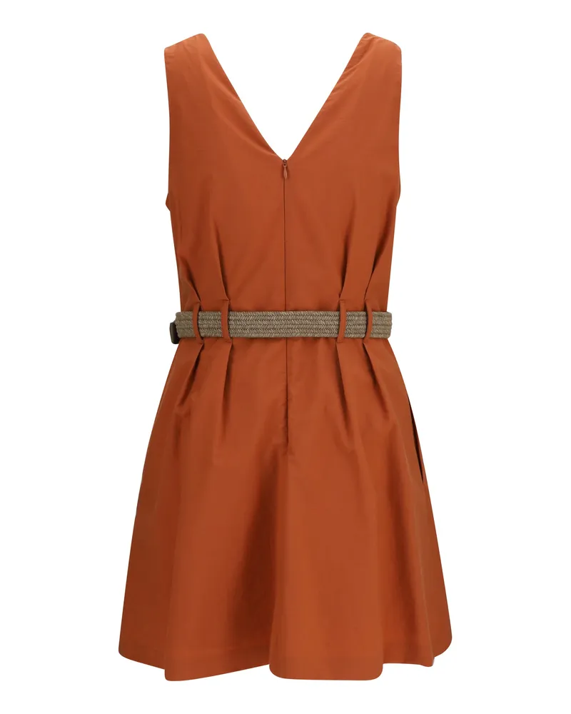 Brunello Cucinelli Women's Pleated Dress With Rope Belt Tangerine Cotton; Polyamide Tangerine