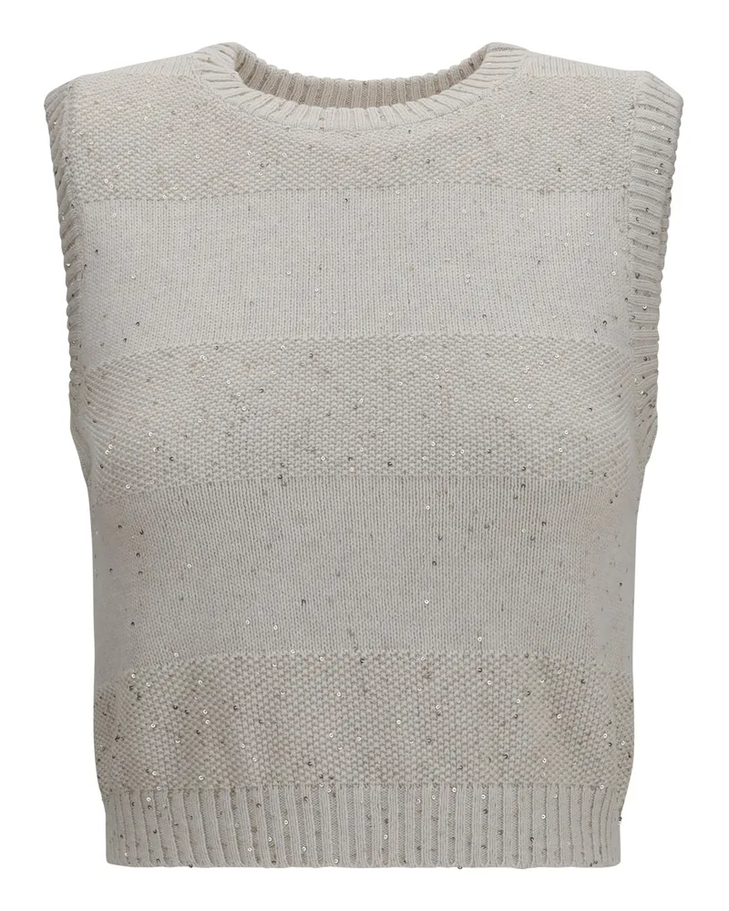 Brunello Cucinelli Women Vest Knit Sequin Oatmeal Cotton Knitwear Sweater Beige