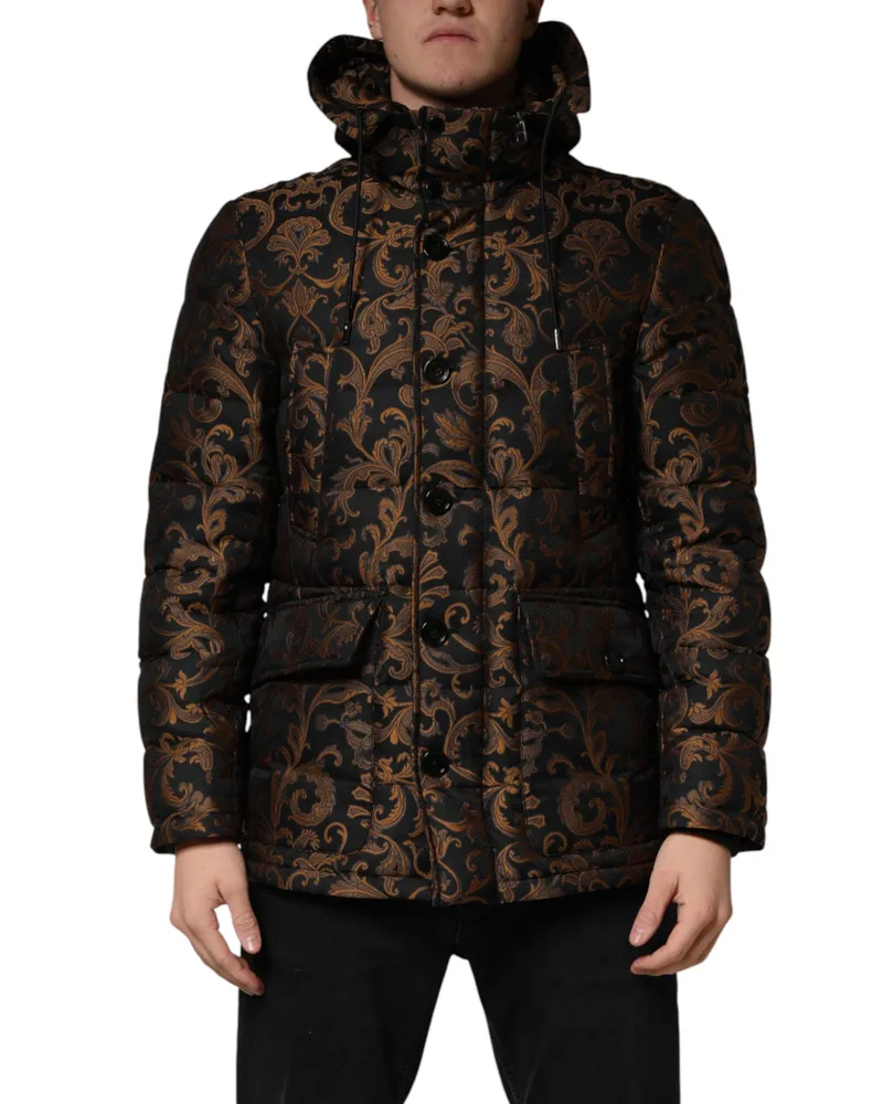 Dolce & Gabbana Men Black Floral Jacquard Quilted Hooded Jacket Polyester Clothing Black