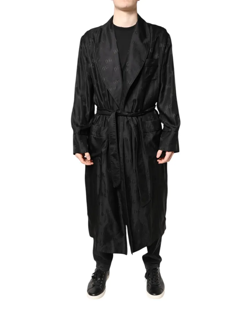 Dolce & Gabbana Silk DG Logo Wrap Coat — Black Black