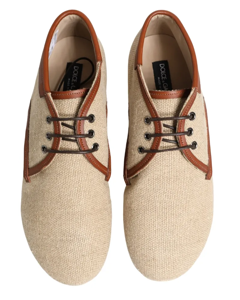 Dolce & Gabbana Beige Canvas Lace-Up Men Dress Derby Shoes With Leather Trim Beige