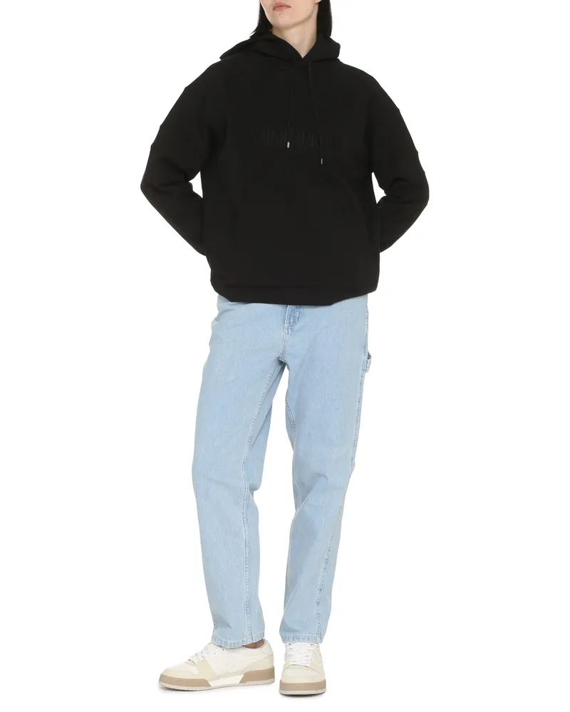 Saint Laurent Embroidered Logo Cotton Hoodie — Black Black